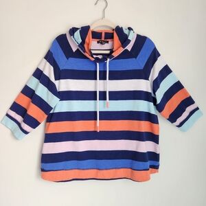Tribal XL Petite Navy Slub Knit Striped Hoodie with Multicolor Design 3/4 Sleeve